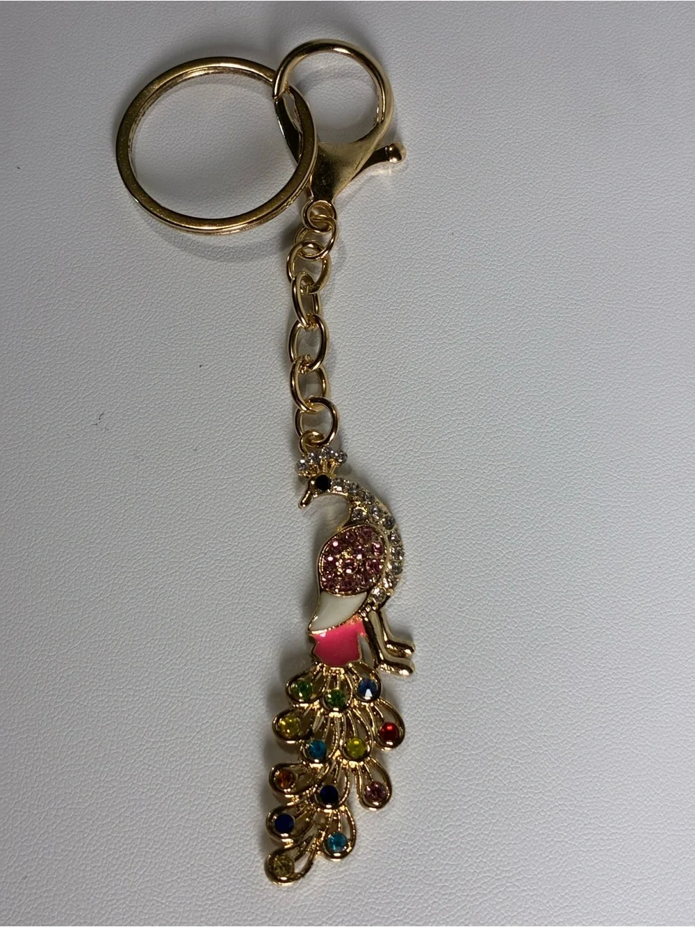 Gold Peacock Key & Card Holder Charm with Pink and Multicolor Gems